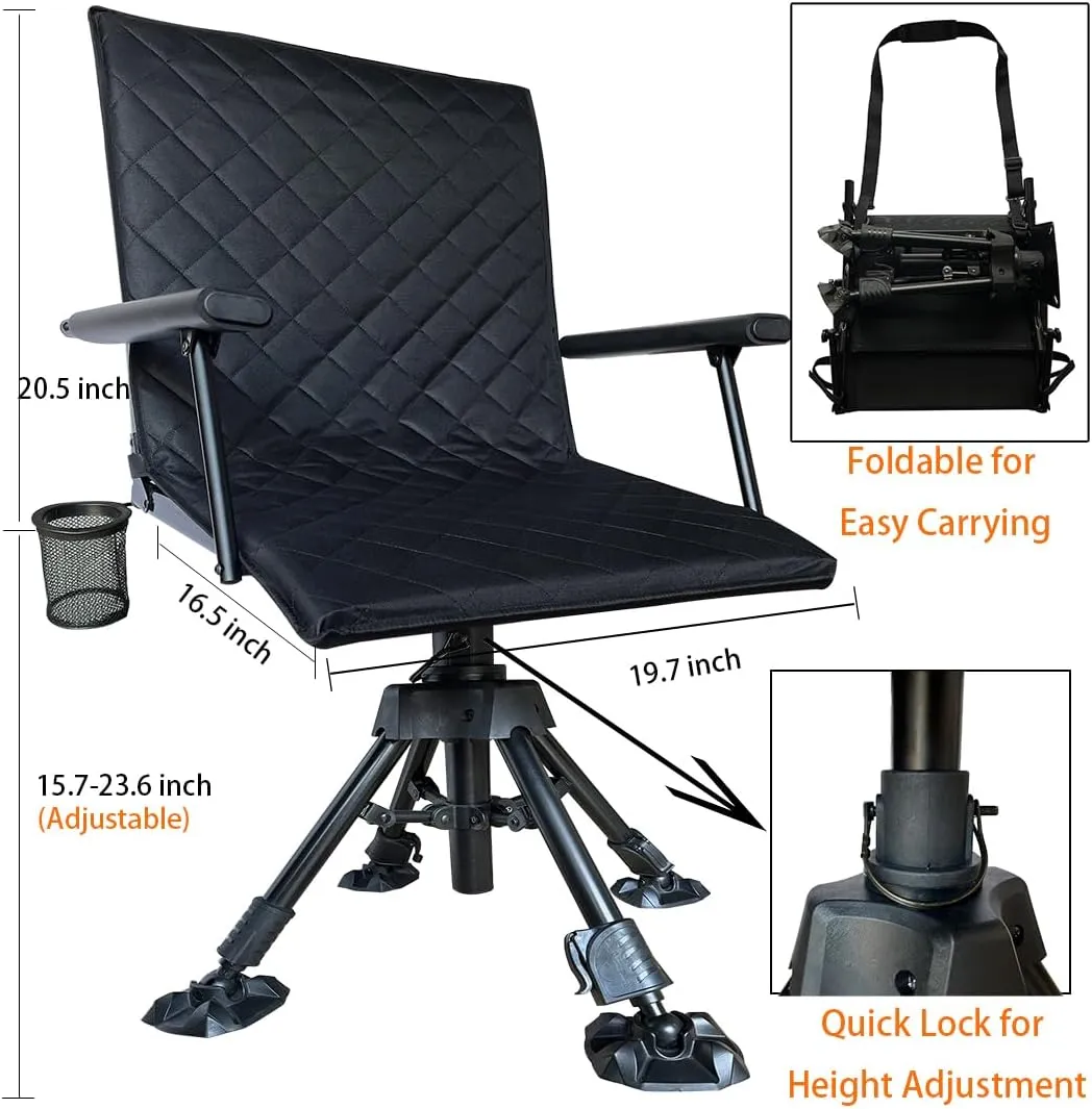 Silent Swivel Stable Portable Ground Folding Outdoor Camping Fishing Hunting Blind Chair Seat with Cover, 4 Legs Adjustable Height