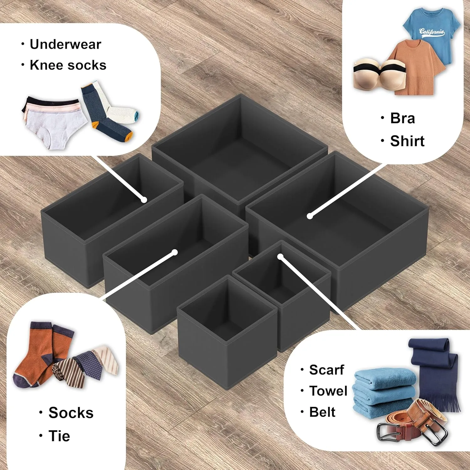 Simple Houseware Underwear Drawer Organizer for Lingerie/Undergarment/Bra/Panty/Sock/Onesie, Set of 6, Dark Gray