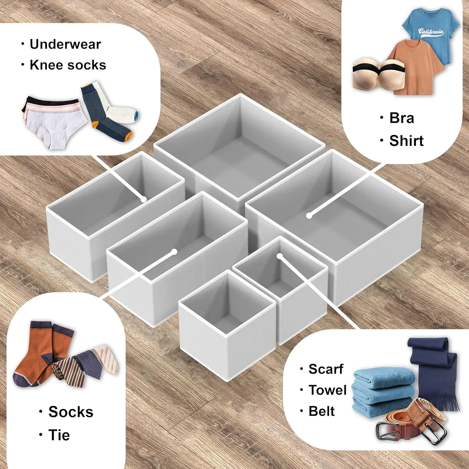 Simple Houseware Underwear Drawer Organizer for Lingerie/Undergarment/Bra/Panty/Sock/Onesie, Set of 6, Gray