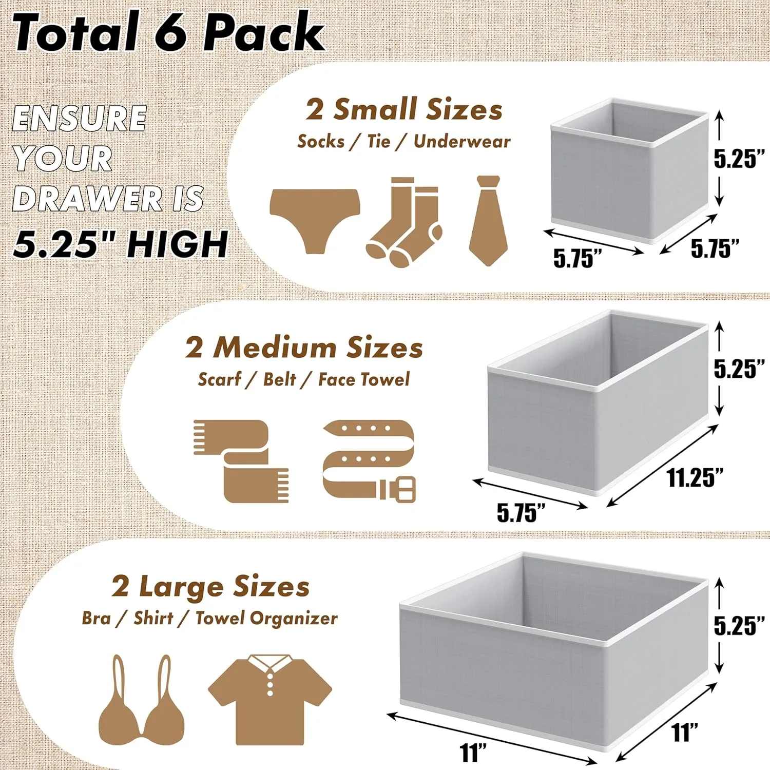 Simple Houseware Underwear Drawer Organizer for Lingerie/Undergarment/Bra/Panty/Sock/Onesie, Set of 6, Gray