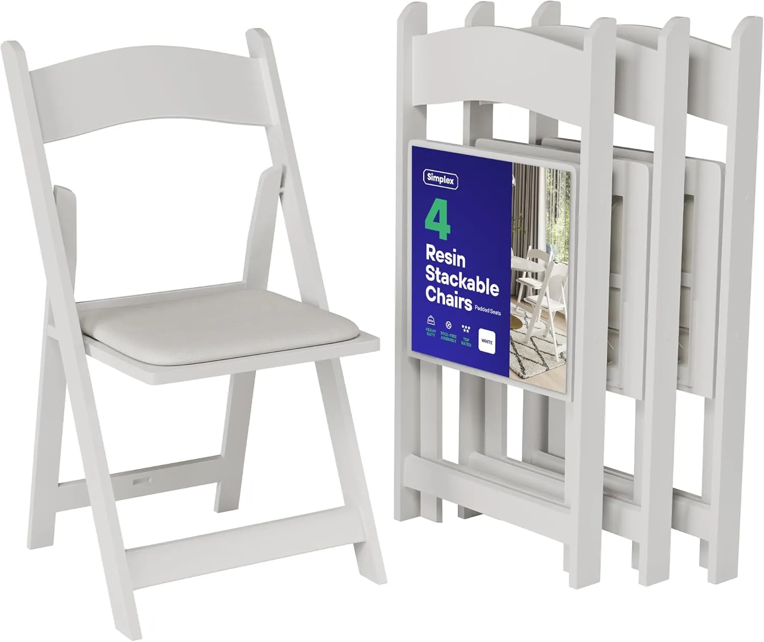 SIMPLEX 4 White Resin Folding Chairs - Comfortable White Foldable Chair - Stackable Chairs with Padded Seats - Indoor/Outdoor Folding Chairs for Events - Lightweight Foldable Chairs (4 Pack)