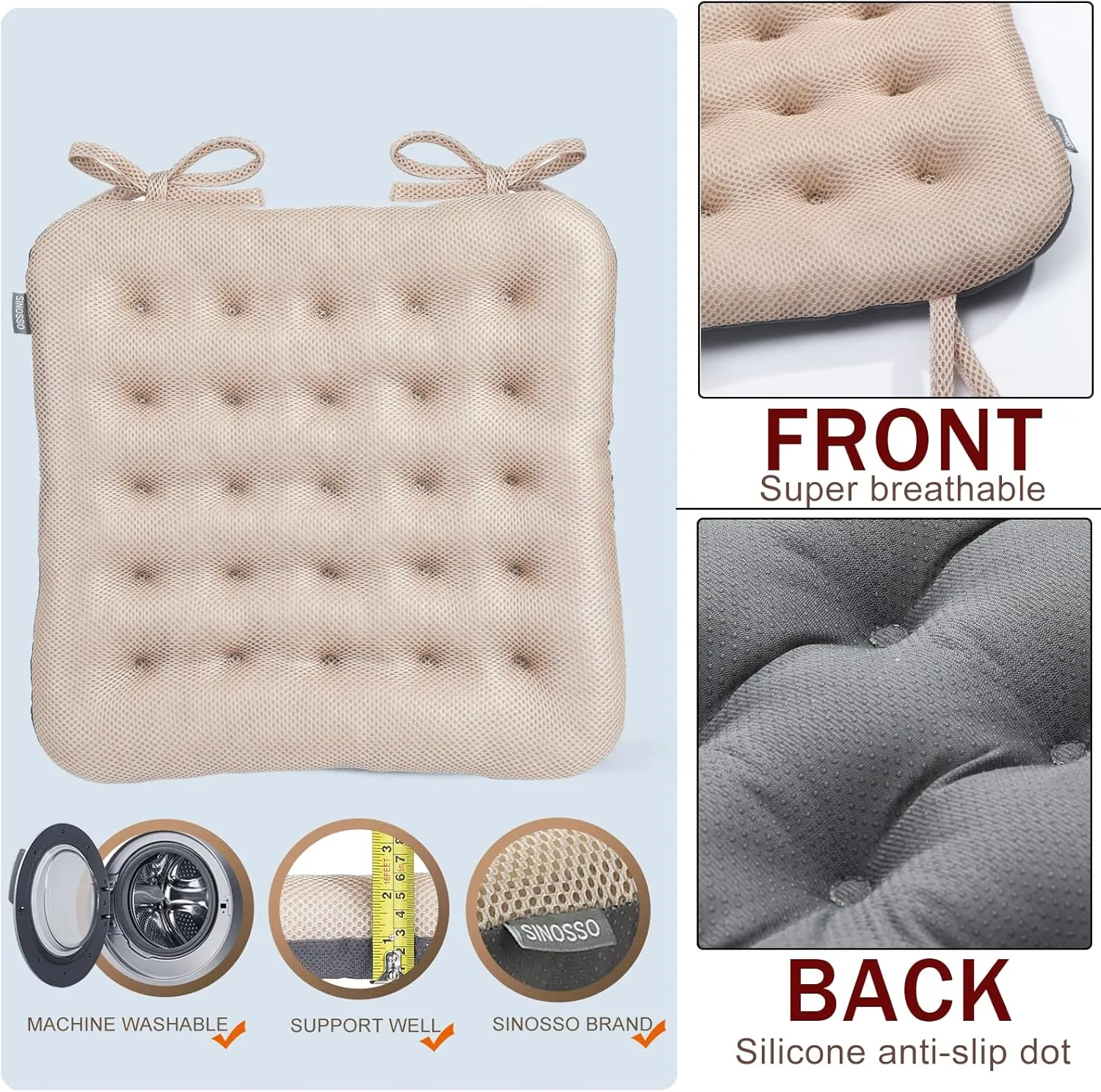 SINOSSO Excellent Support Effect Office Chair Cushion 1 Pack, Luxury Air Mesh Breathable Non-Slip Desk Computer Seat Cushion, Kitchen Dining Room Square Chair Pad (1 Count, Beige)