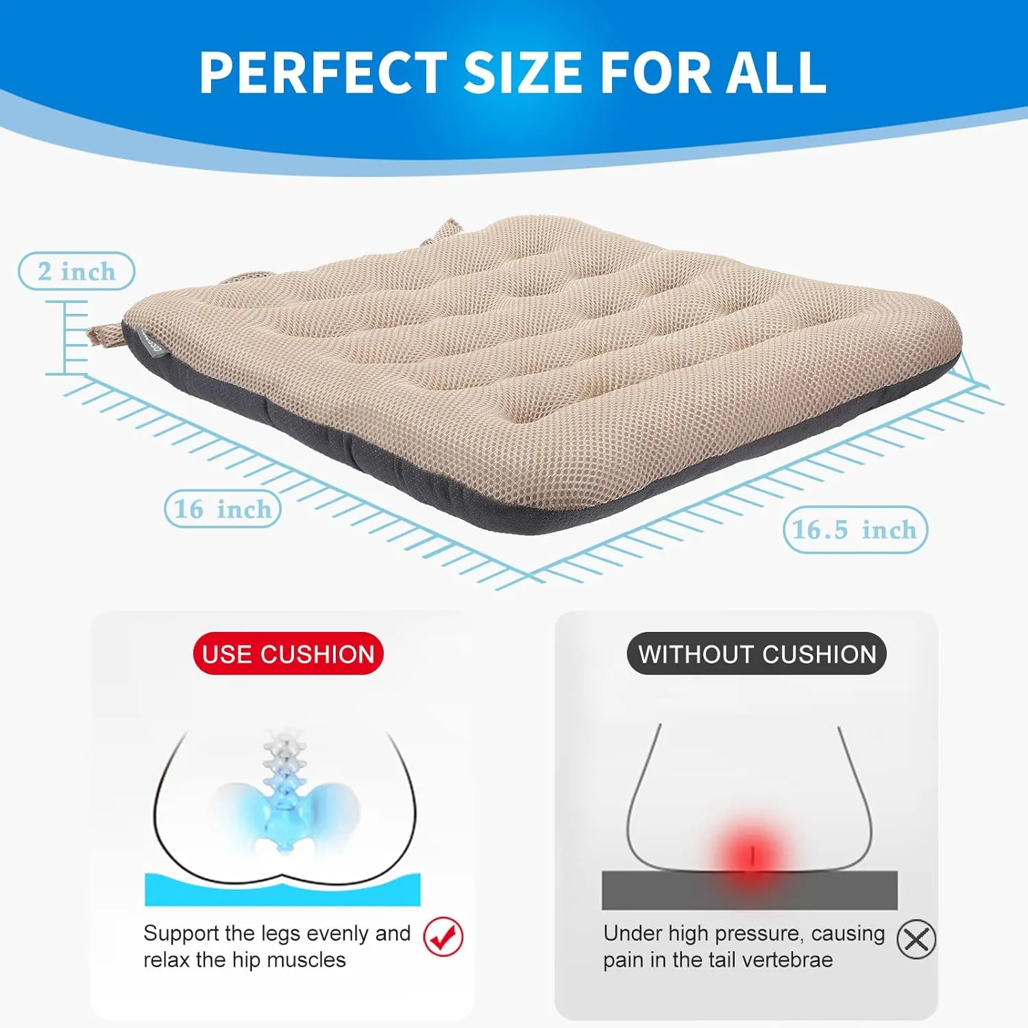 SINOSSO Excellent Support Effect Office Chair Cushion 1 Pack, Luxury Air Mesh Breathable Non-Slip Desk Computer Seat Cushion, Kitchen Dining Room Square Chair Pad (1 Count, Beige)