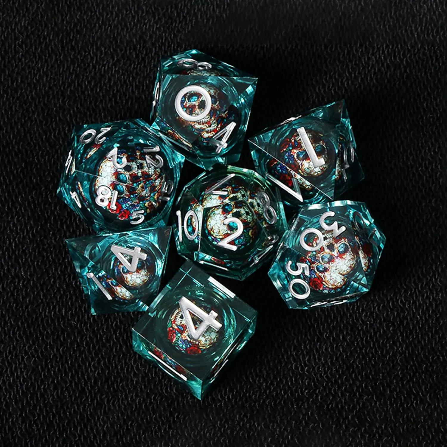 Skull D&D Dice Set with Sharp Edges, Resin Polyhedral 7pcs Dice for Dungeons and Dragons RPG, Gift Dragon Eye Bag (Green Silver)
