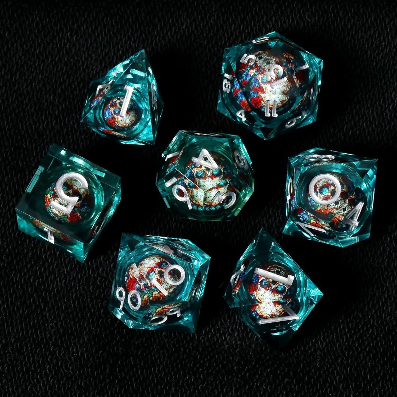 Skull D&D Dice Set with Sharp Edges, Resin Polyhedral 7pcs Dice for Dungeons and Dragons RPG, Gift Dragon Eye Bag (Green Silver)