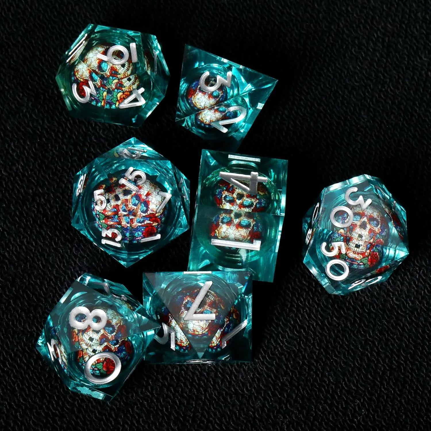 Skull D&D Dice Set with Sharp Edges, Resin Polyhedral 7pcs Dice for Dungeons and Dragons RPG, Gift Dragon Eye Bag (Green Silver)