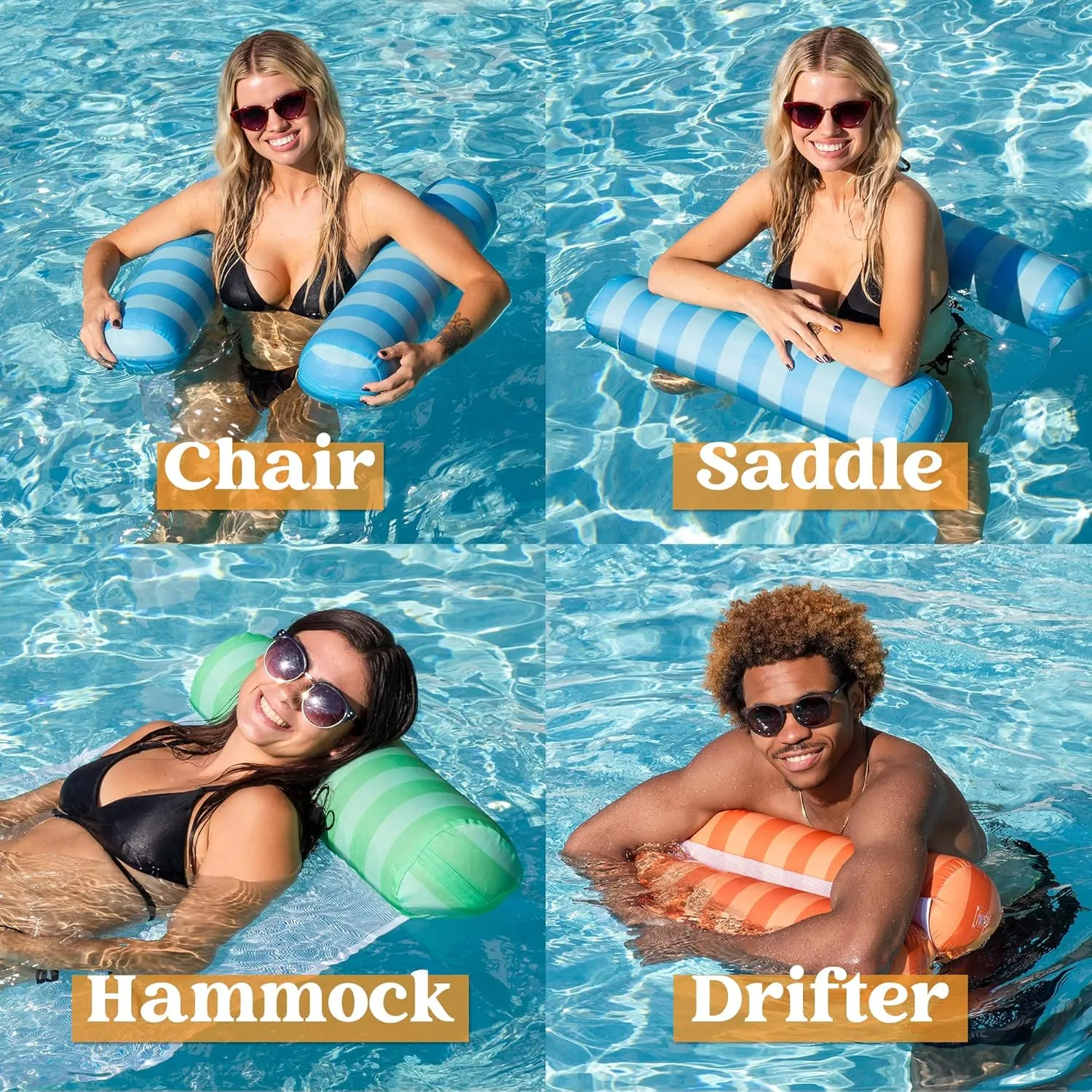 Sloosh 3 Pack Inflatable Pool Float Hammock, Water Lounges, Multi-Purpose Swimming Pool Accessories (Saddle, Lounge Chair, Hammock, Drifter), Lake, Outdoor, Beach