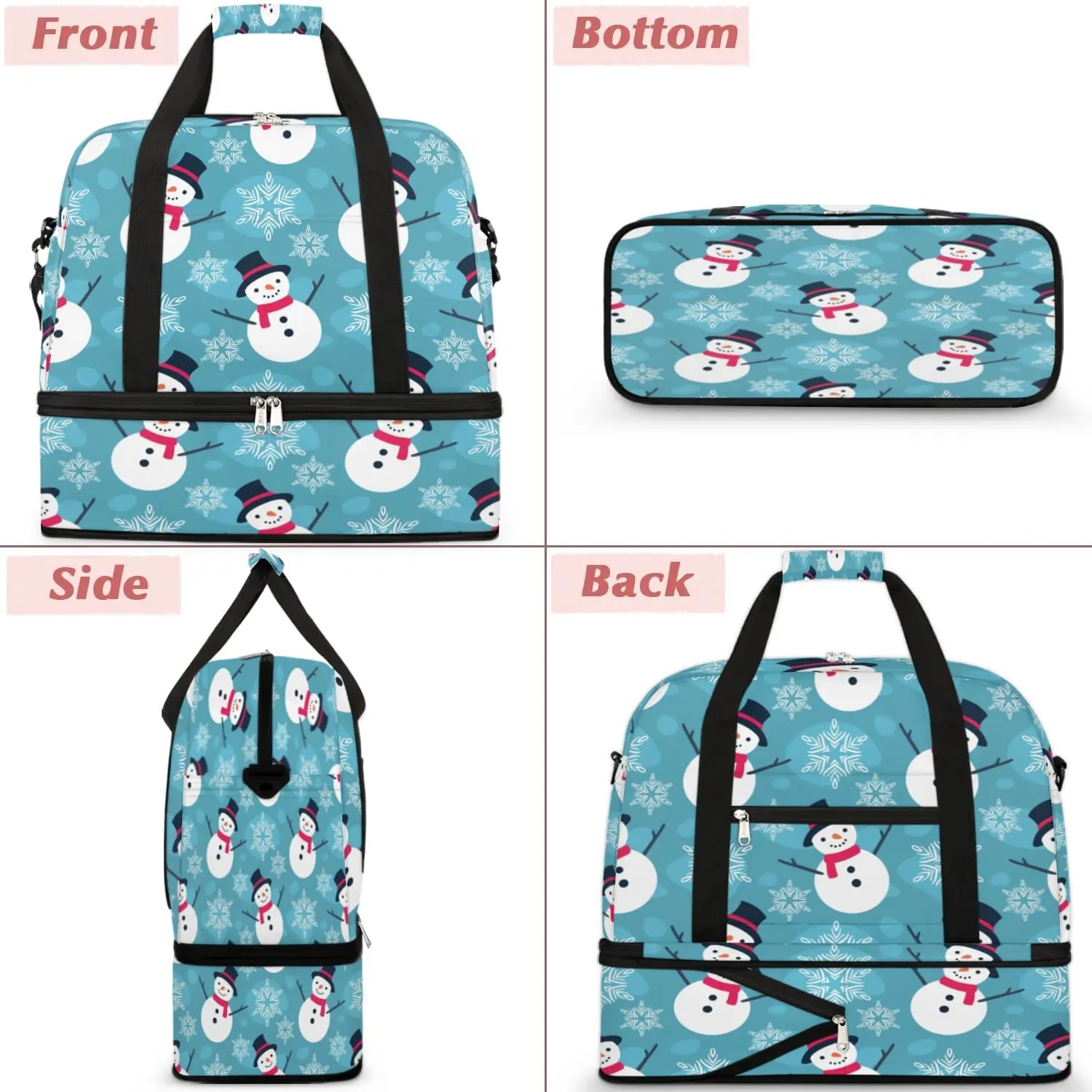 Snowman Christmas Sports Gym Bag with Shoes Compartment Foldable Travel Duffel Bag Dry Wet Separated Sports Tote Workout Weekender Overnight Bag for Women Yoga Dance Work Training Handbag