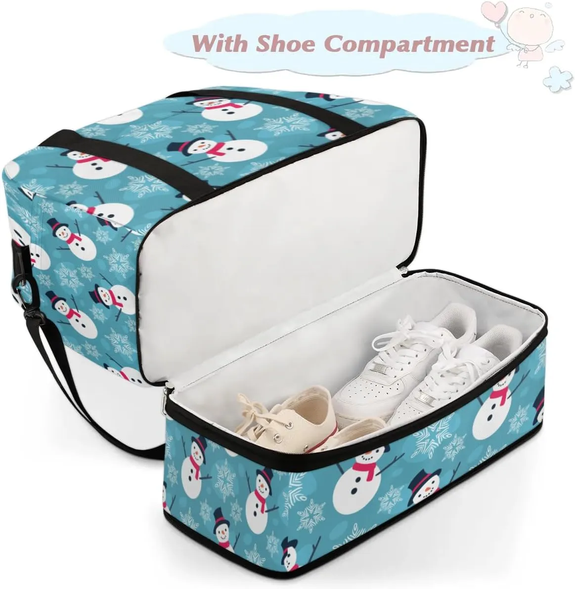 Snowman Christmas Sports Gym Bag with Shoes Compartment Foldable Travel Duffel Bag Dry Wet Separated Sports Tote Workout Weekender Overnight Bag for Women Yoga Dance Work Training Handbag