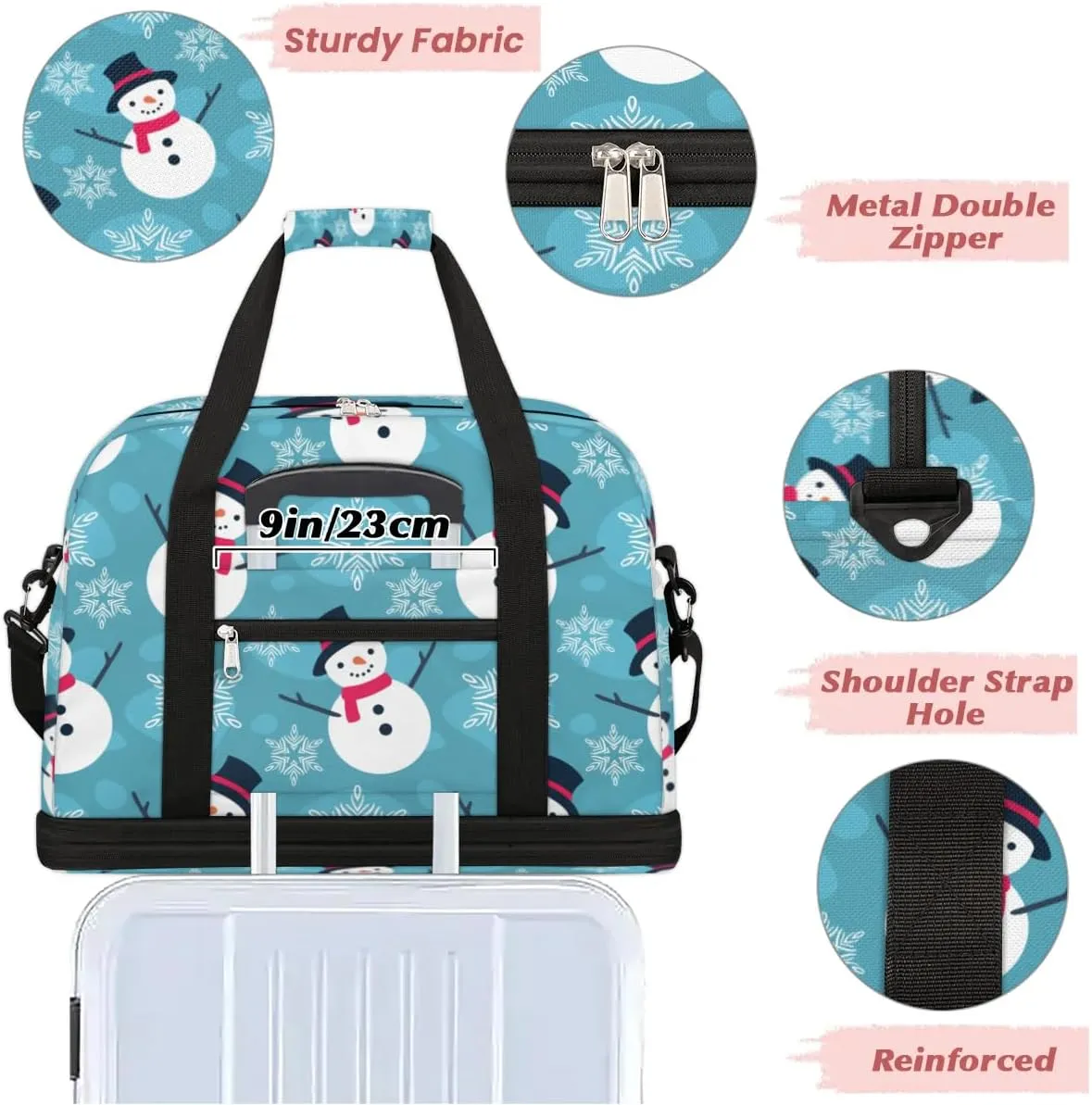 Snowman Christmas Sports Gym Bag with Shoes Compartment Foldable Travel Duffel Bag Dry Wet Separated Sports Tote Workout Weekender Overnight Bag for Women Yoga Dance Work Training Handbag