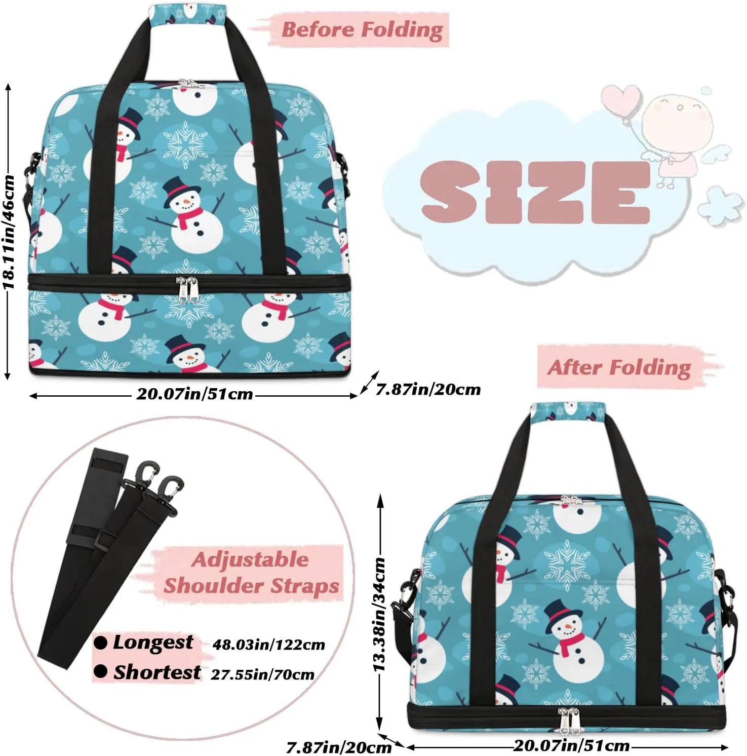 Snowman Christmas Sports Gym Bag with Shoes Compartment Foldable Travel Duffel Bag Dry Wet Separated Sports Tote Workout Weekender Overnight Bag for Women Yoga Dance Work Training Handbag