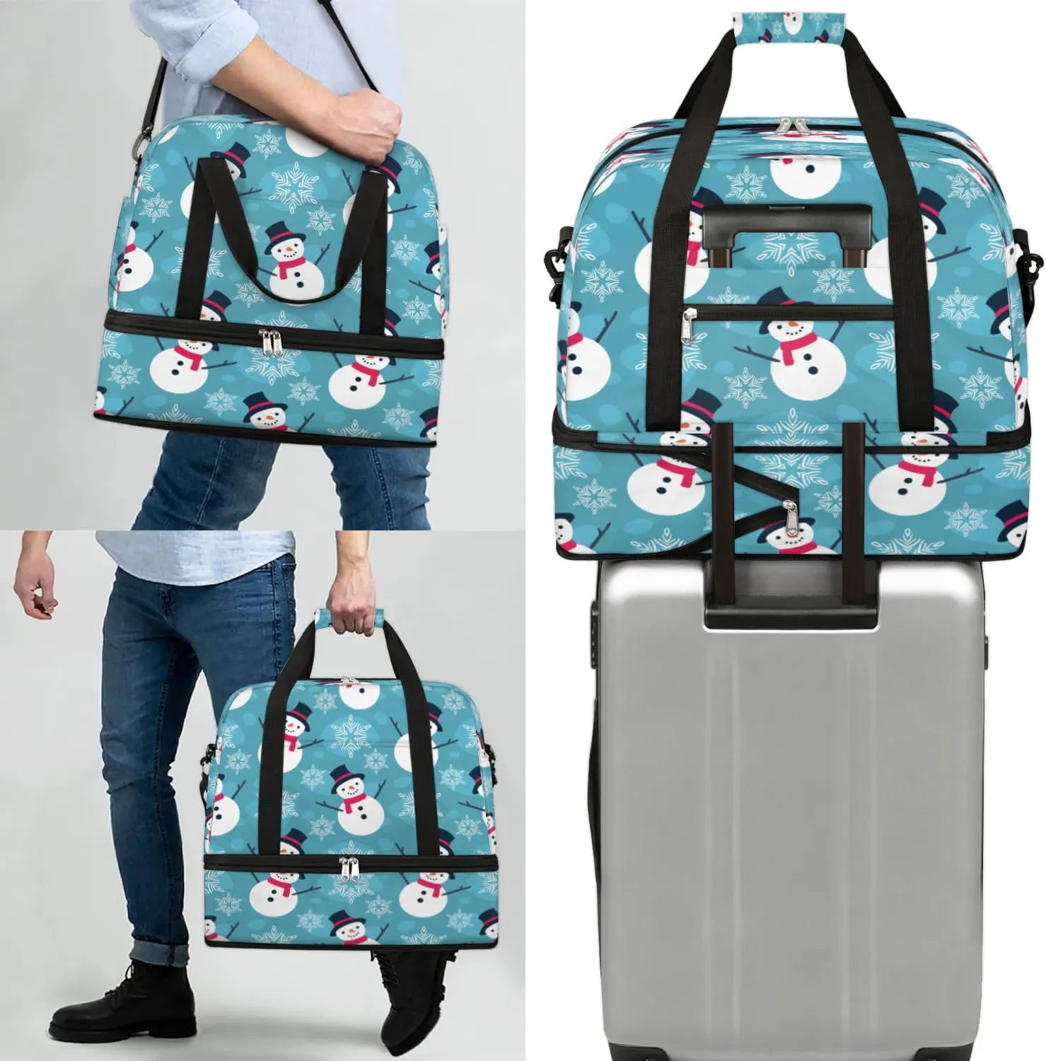 Snowman Christmas Sports Gym Bag with Shoes Compartment Foldable Travel Duffel Bag Dry Wet Separated Sports Tote Workout Weekender Overnight Bag for Women Yoga Dance Work Training Handbag
