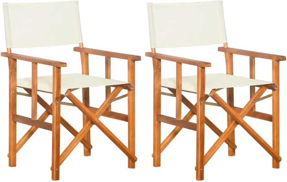 Solid Acacia Wood Director's Chairs 2 Pcs Foldable Outdoor Chairs Brown and Cream for Camping Beach Patio Lawn and Poolside Lounge