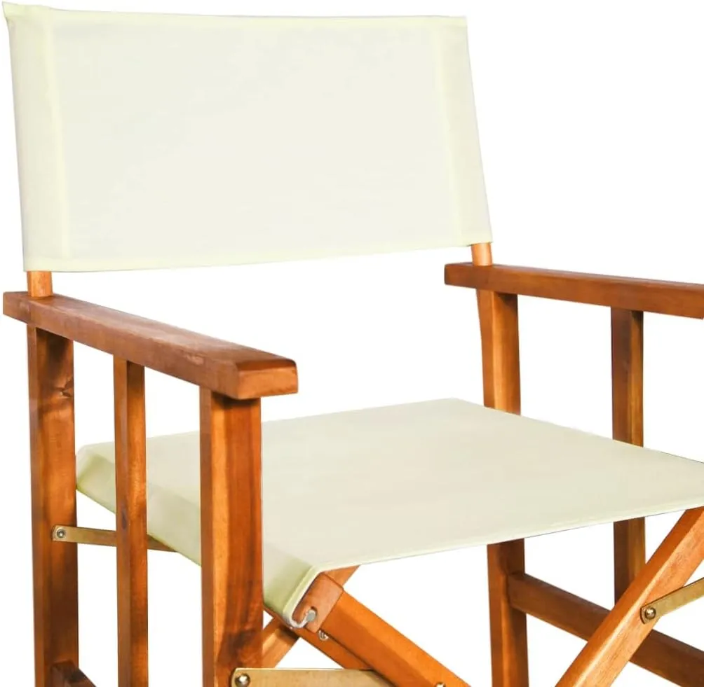 Solid Acacia Wood Director's Chairs 2 Pcs Foldable Outdoor Chairs Brown and Cream for Camping Beach Patio Lawn and Poolside Lounge