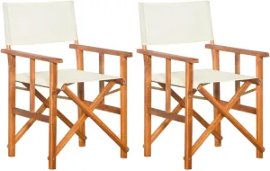 Solid Acacia Wood Director's Chairs 2 Pcs Foldable Outdoor Chairs Brown and Cream for Camping Beach Patio Lawn and Poolside Lounge