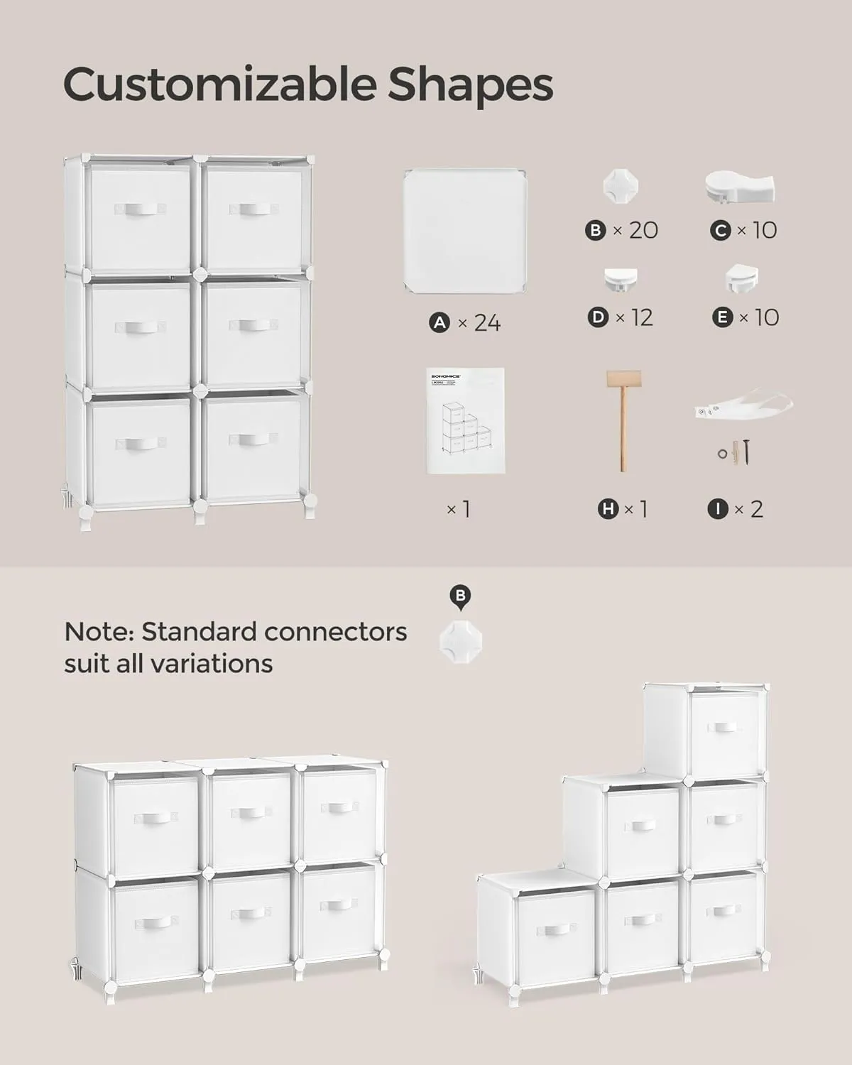 SONGMICS Cube Storage Organizer with Storage Boxes, 6-Cube Organizer, 6 Collapsible Non-Woven Fabric Bins, Customizable, Space-Saving, Bedroom, Living Room, Cloud White ULPC062W06