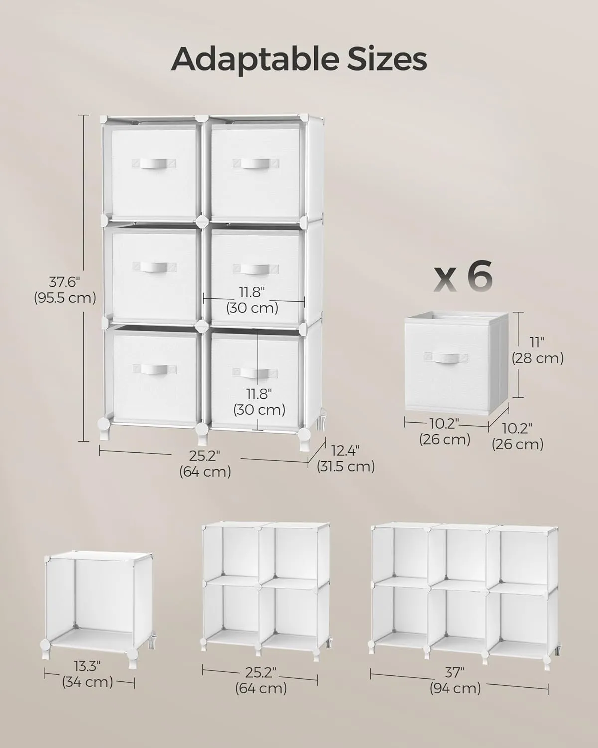 SONGMICS Cube Storage Organizer with Storage Boxes, 6-Cube Organizer, 6 Collapsible Non-Woven Fabric Bins, Customizable, Space-Saving, Bedroom, Living Room, Cloud White ULPC062W06