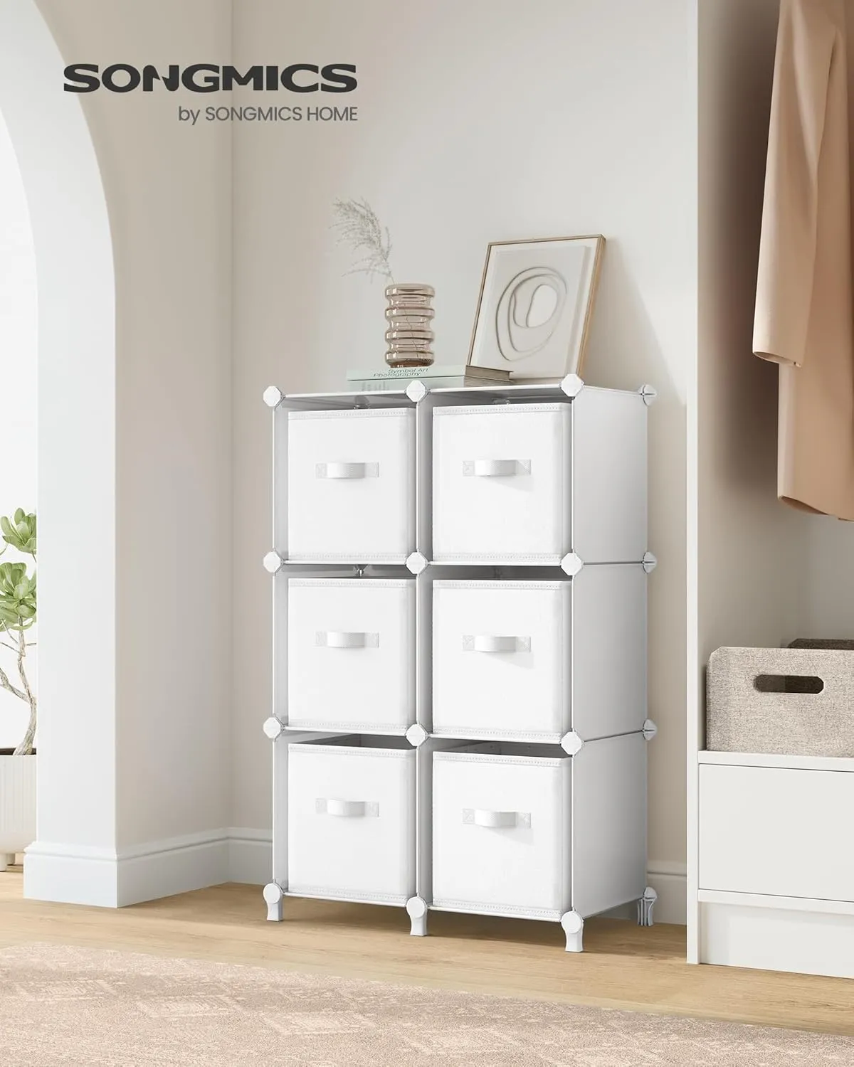 SONGMICS Cube Storage Organizer with Storage Boxes, 6-Cube Organizer, 6 Collapsible Non-Woven Fabric Bins, Customizable, Space-Saving, Bedroom, Living Room, Cloud White ULPC062W06