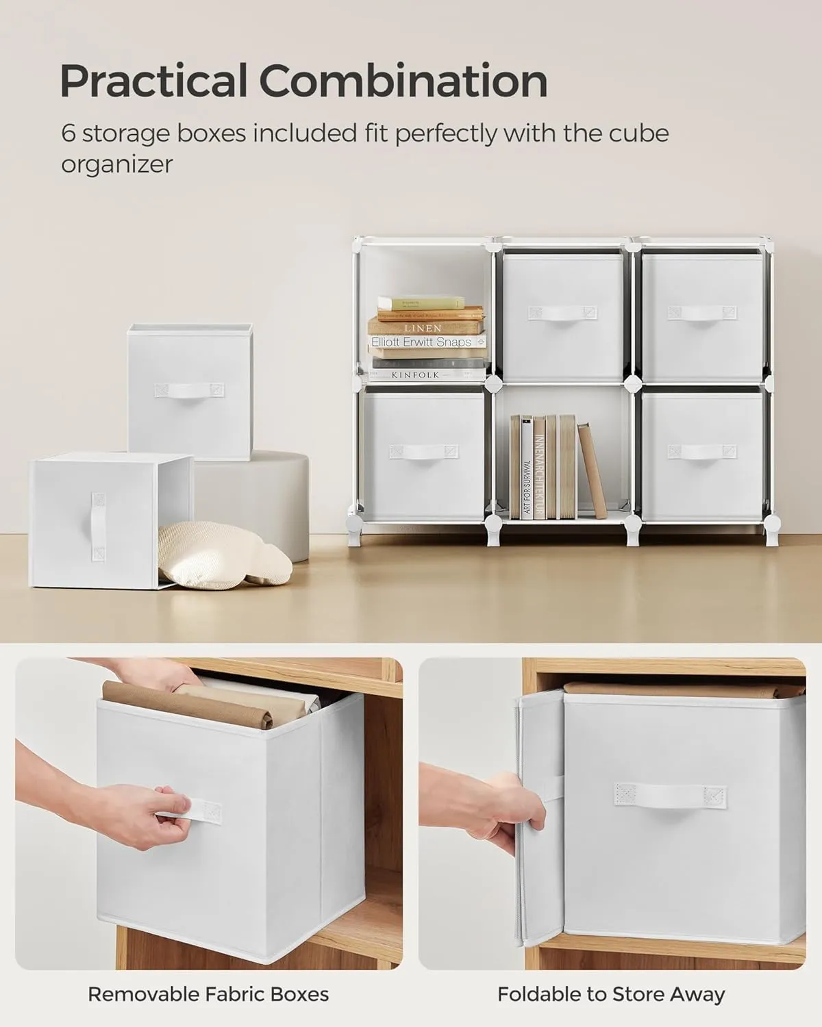 SONGMICS Cube Storage Organizer with Storage Boxes, 6-Cube Organizer, 6 Collapsible Non-Woven Fabric Bins, Customizable, Space-Saving, Bedroom, Living Room, Cloud White ULPC062W06