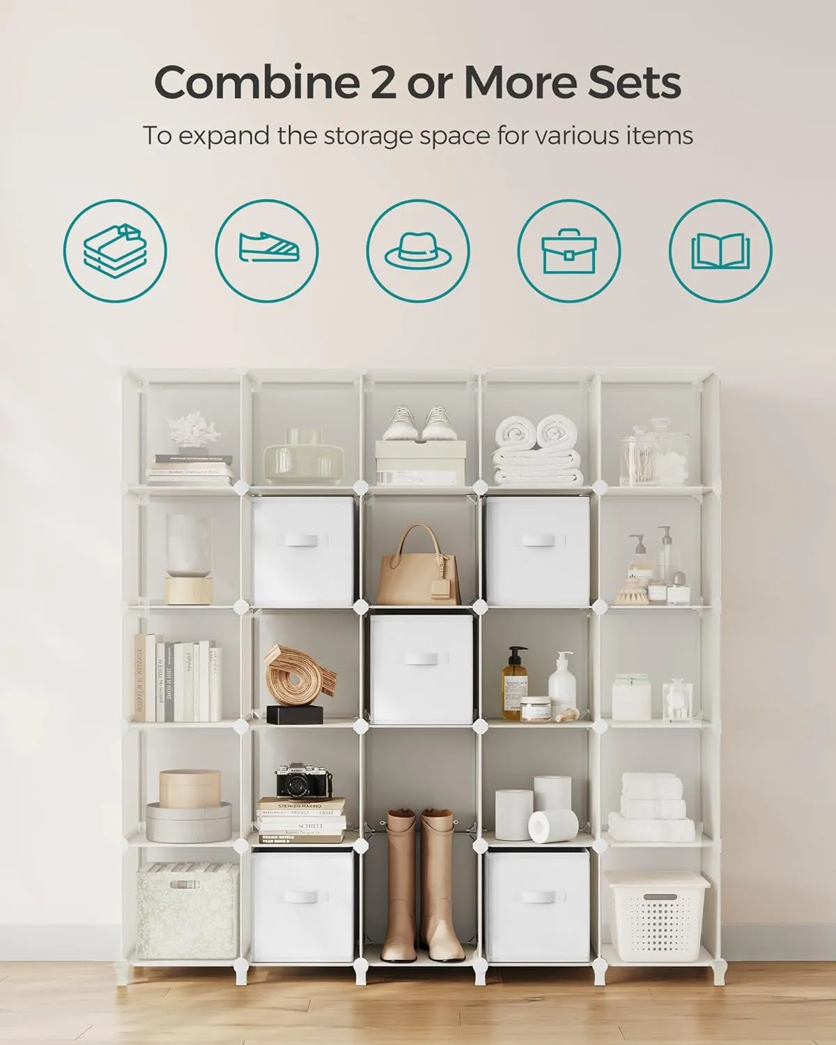 SONGMICS Cube Storage Organizer with Storage Boxes, 6-Cube Organizer, 6 Collapsible Non-Woven Fabric Bins, Customizable, Space-Saving, Bedroom, Living Room, Cloud White ULPC062W06
