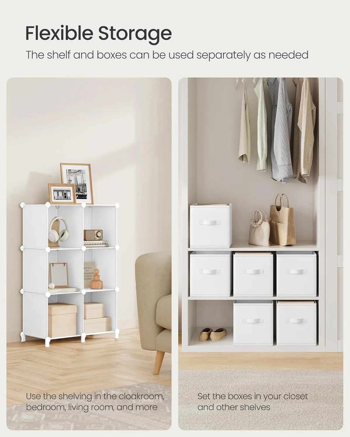 SONGMICS Cube Storage Organizer with Storage Boxes, 6-Cube Organizer, 6 Collapsible Non-Woven Fabric Bins, Customizable, Space-Saving, Bedroom, Living Room, Cloud White ULPC062W06