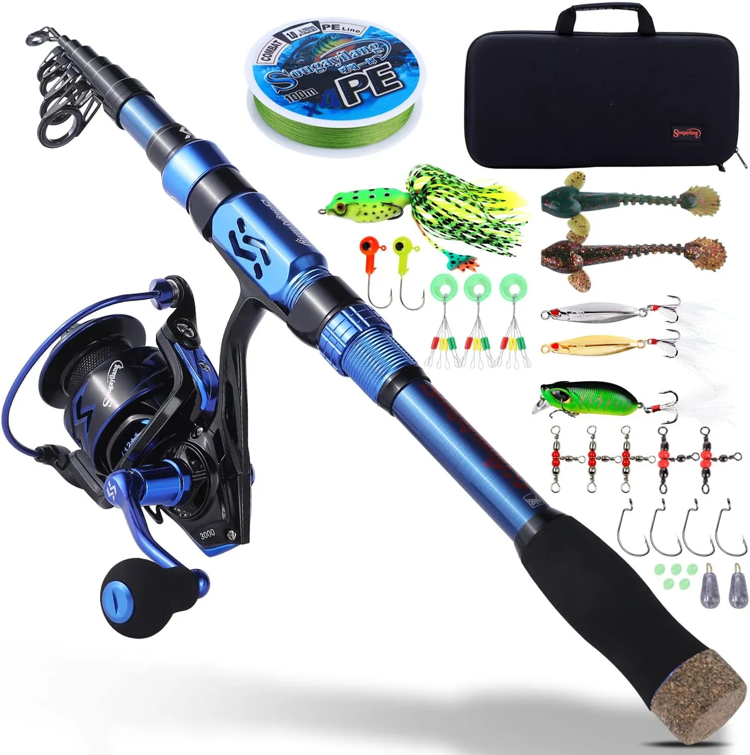 Sougayilang Fishing Rod and Reel Set Carbon Fiber Telescopic Fishing Rod 12 1BB Spinning Reel with Carry Case for Saltwater Freshwater