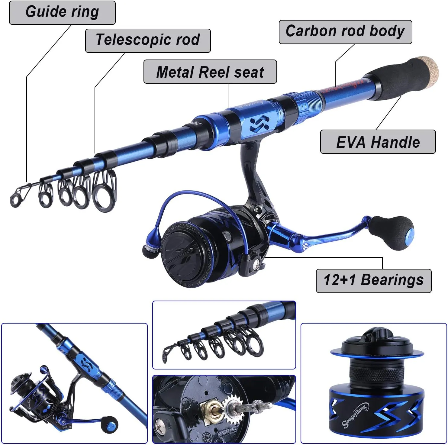 Sougayilang Fishing Rod and Reel Set Carbon Fiber Telescopic Fishing Rod 12 1BB Spinning Reel with Carry Case for Saltwater Freshwater