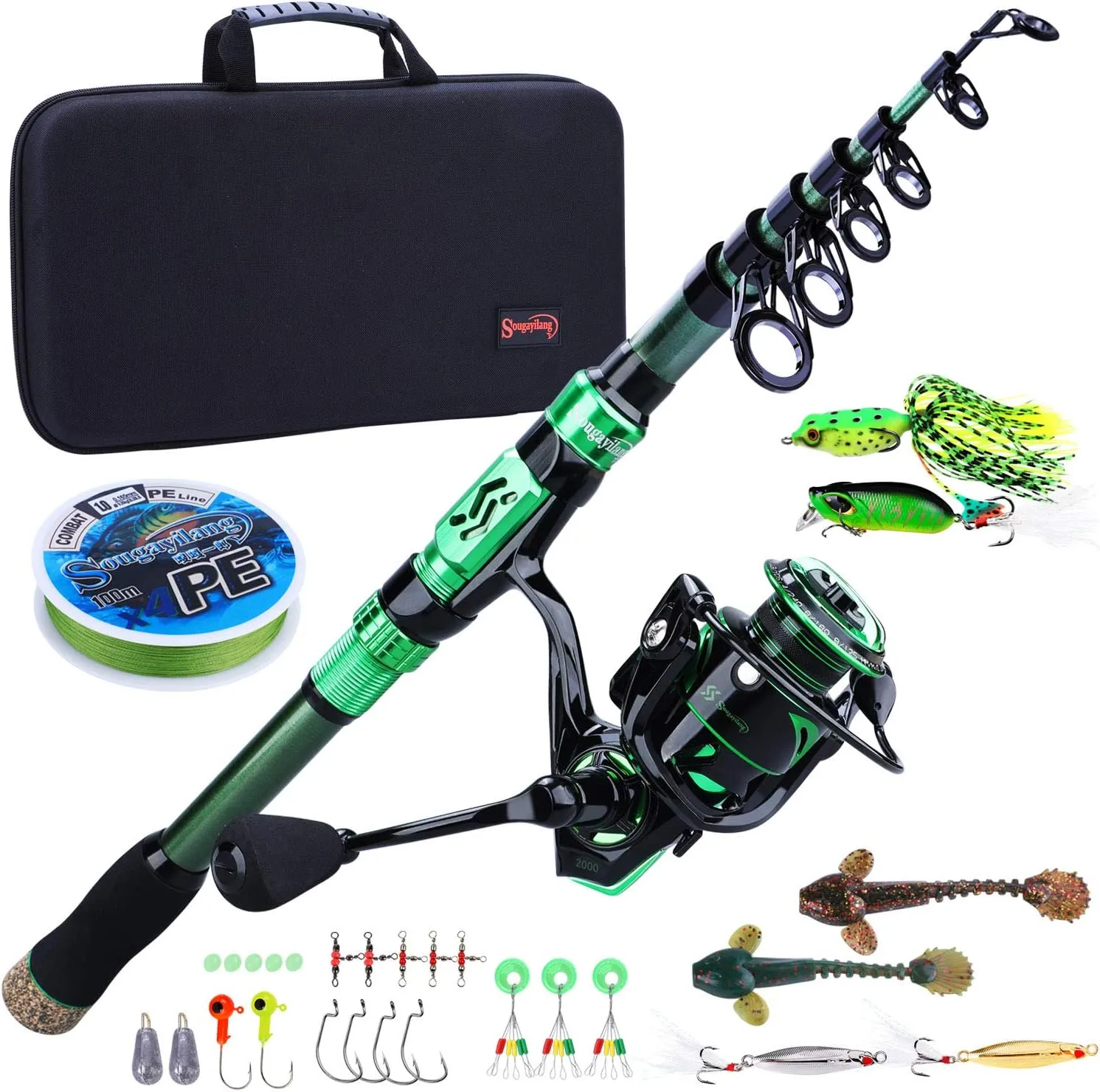 Sougayilang Fishing Rod and Reel Set Carbon Fiber Telescopic Fishing Rod 12 1BB Spinning Reel with Carry Case for Saltwater Freshwater