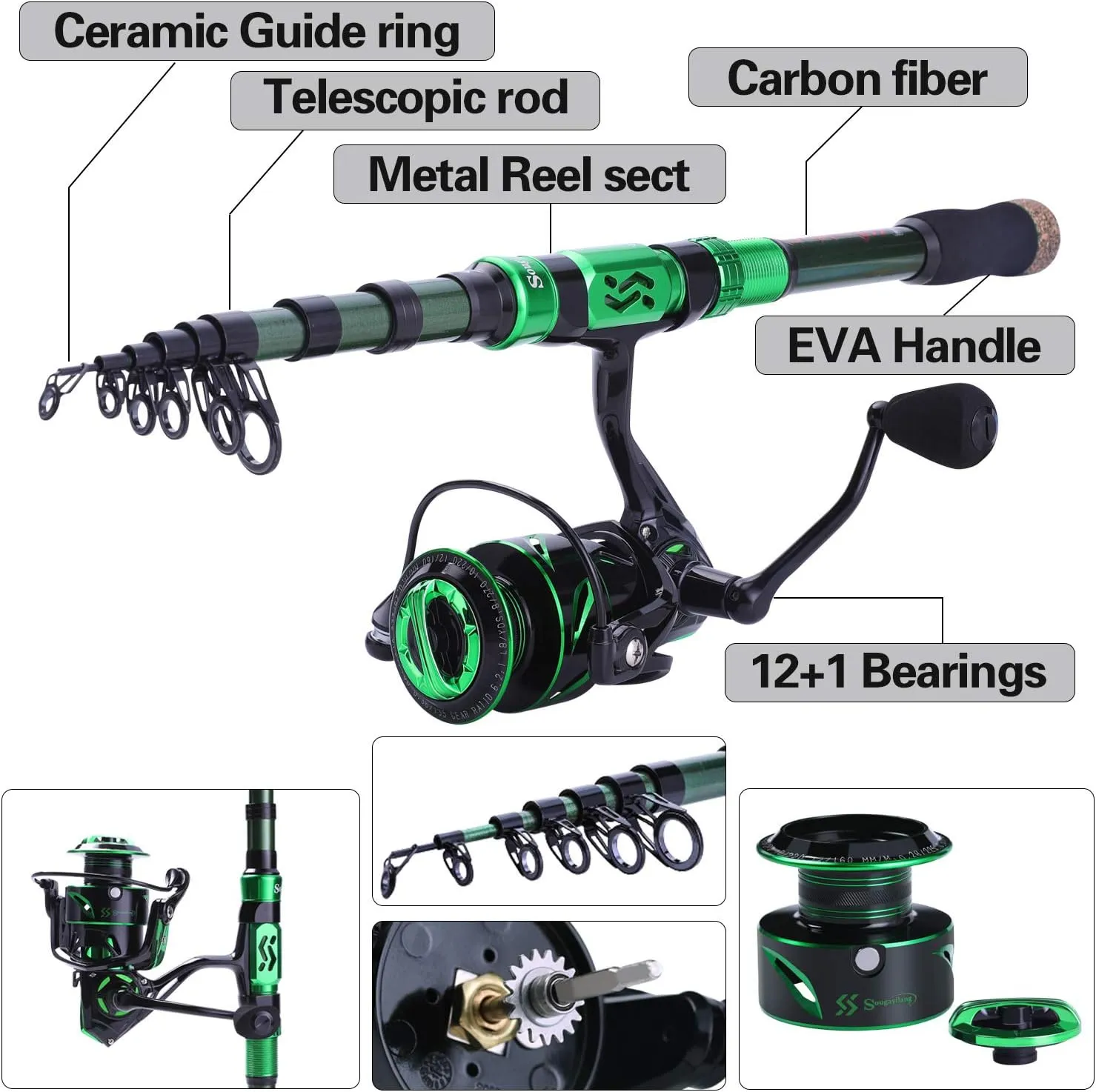 Sougayilang Fishing Rod and Reel Set Carbon Fiber Telescopic Fishing Rod 12 1BB Spinning Reel with Carry Case for Saltwater Freshwater