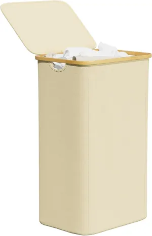 SpaceAid Laundry Hamper with Lid, 110L Large Tall Clothes Basket Bin with Bamboo Handles, Collapsible Laundry Hamper for Bedroom, Bathroom, Dorm, Laundry Room - Beige