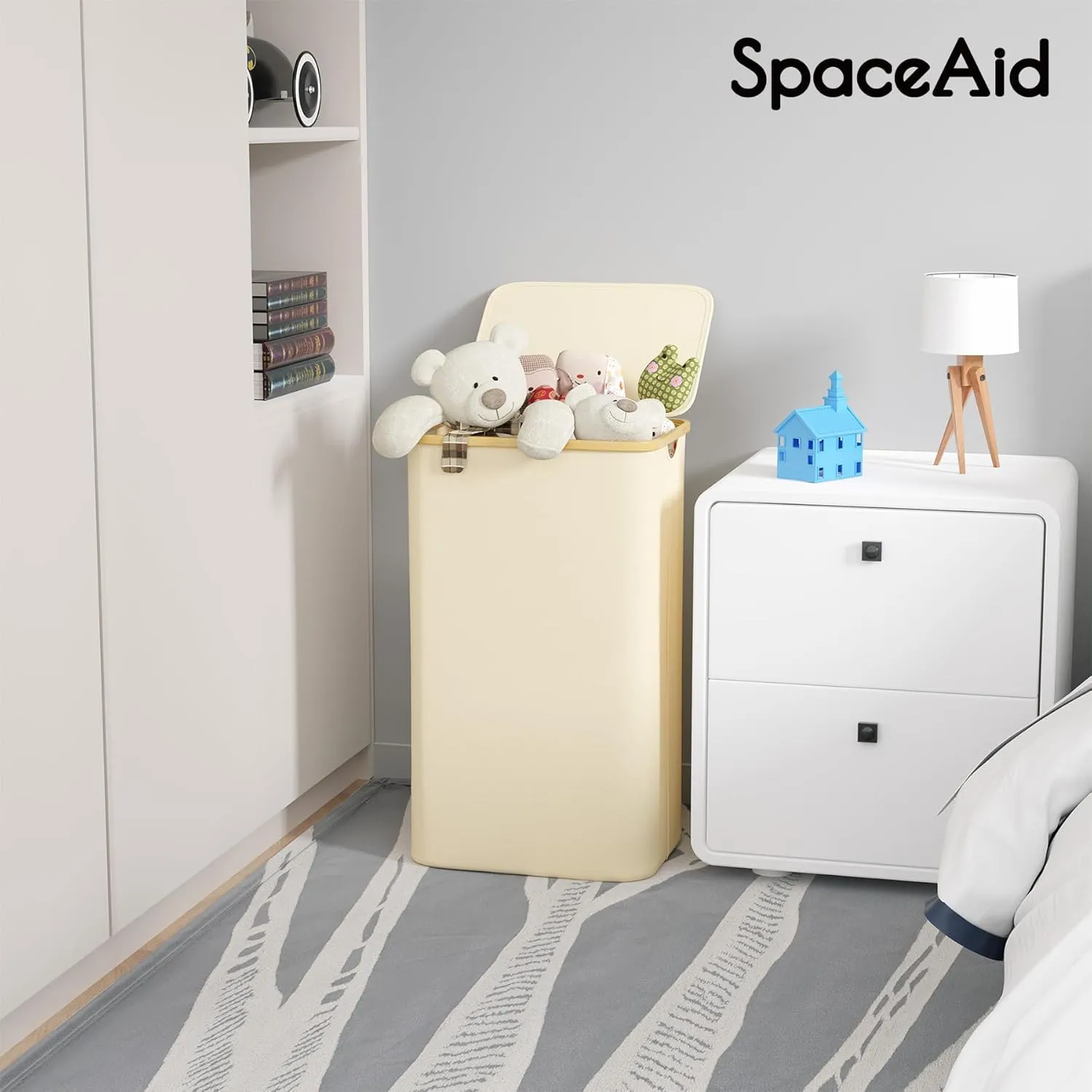 SpaceAid Laundry Hamper with Lid, 110L Large Tall Clothes Basket Bin with Bamboo Handles, Collapsible Laundry Hamper for Bedroom, Bathroom, Dorm, Laundry Room - Beige