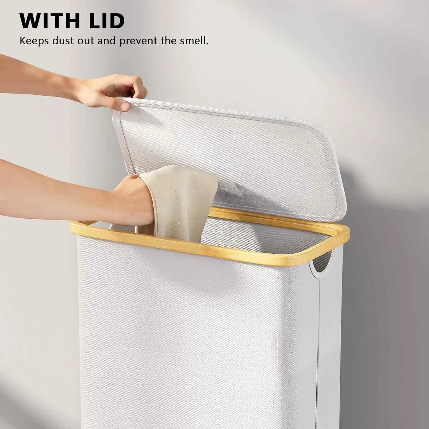 SpaceAid Slim Laundry Hamper with Lid, 65L Narrow Clothes Basket Bin with Bamboo Handles, Skinny Tall Collapsible Hamper for Bedroom, Bathroom, Dorm, Laundry Room - White