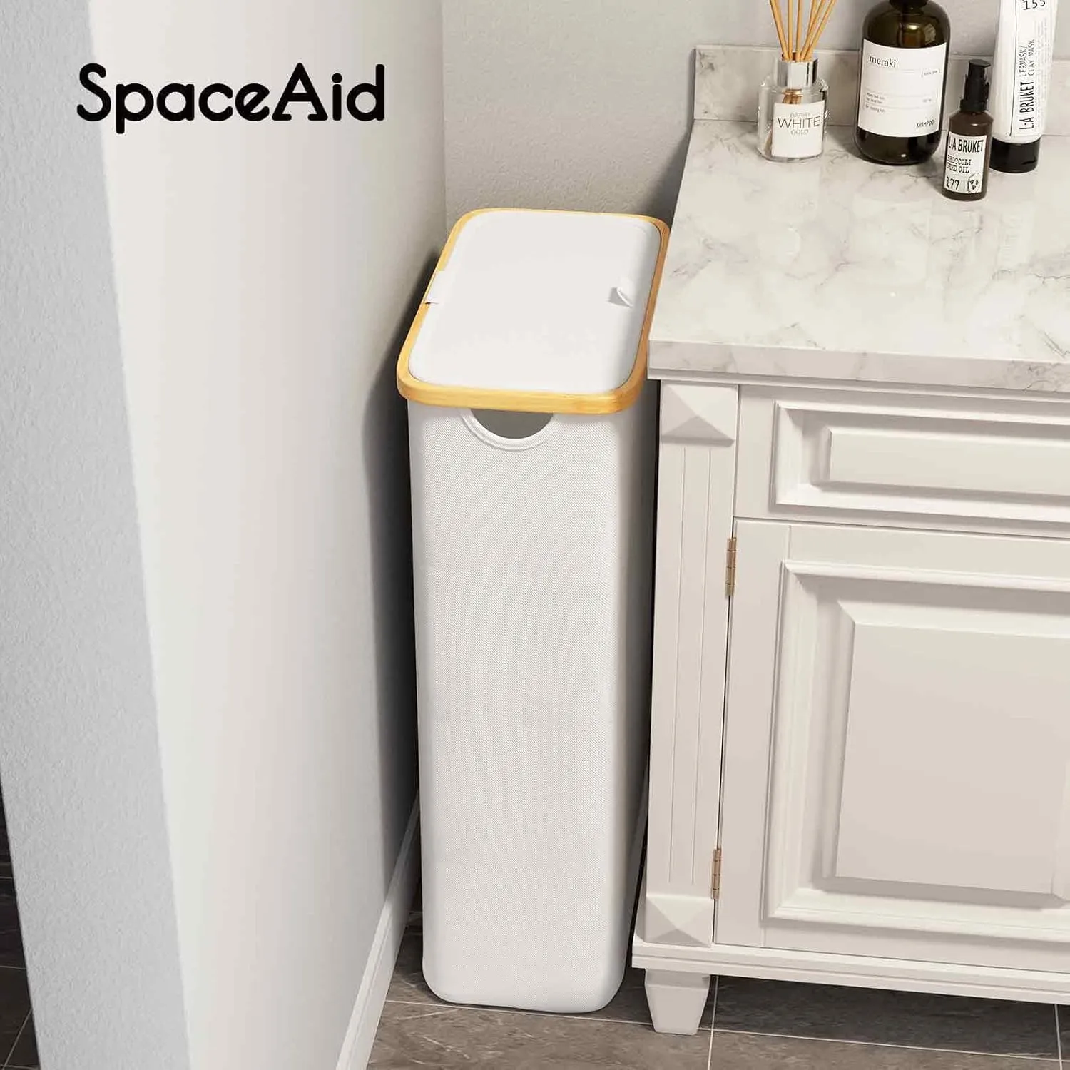 SpaceAid Slim Laundry Hamper with Lid, 65L Narrow Clothes Basket Bin with Bamboo Handles, Skinny Tall Collapsible Hamper for Bedroom, Bathroom, Dorm, Laundry Room - White
