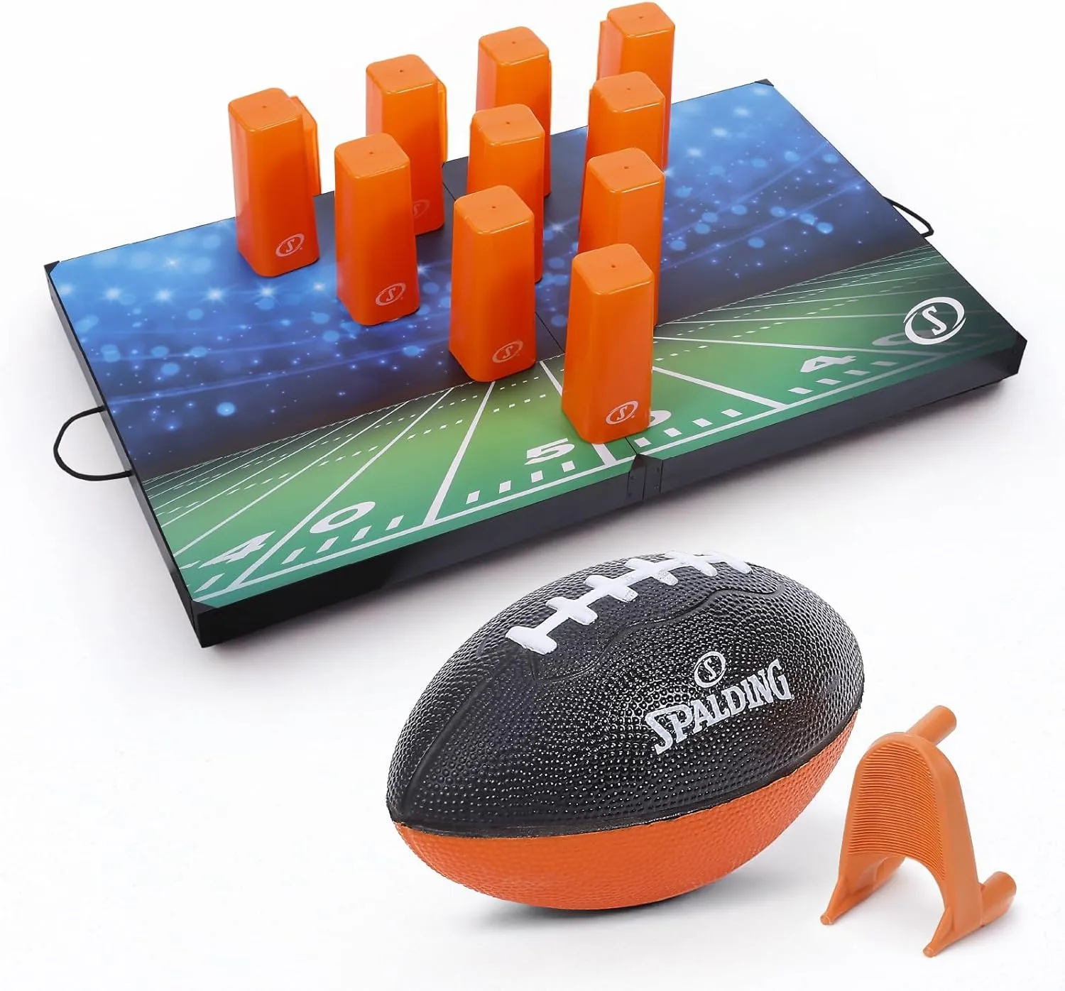 Spalding - Football Pylon Toss Game, Easy-Grip Foam Football with Wooden Base & 10 Pins, Fun Backyard Target Challenge Set for All Ages, Great for Lawn, Beach, or Tailgate Play