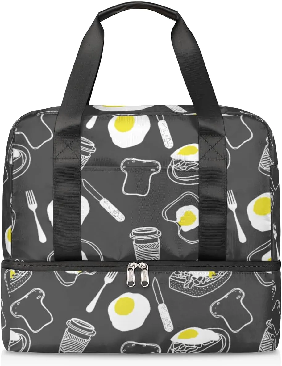Sports Gym Bag with Shoes Compartment, Breakfast Coffee Egg Travel Duffel Bag,Yoga Workout Bag Training Handbag,food breakfast Overnight Bag Large Carry On Bag for Women Men Kids Girls Boys