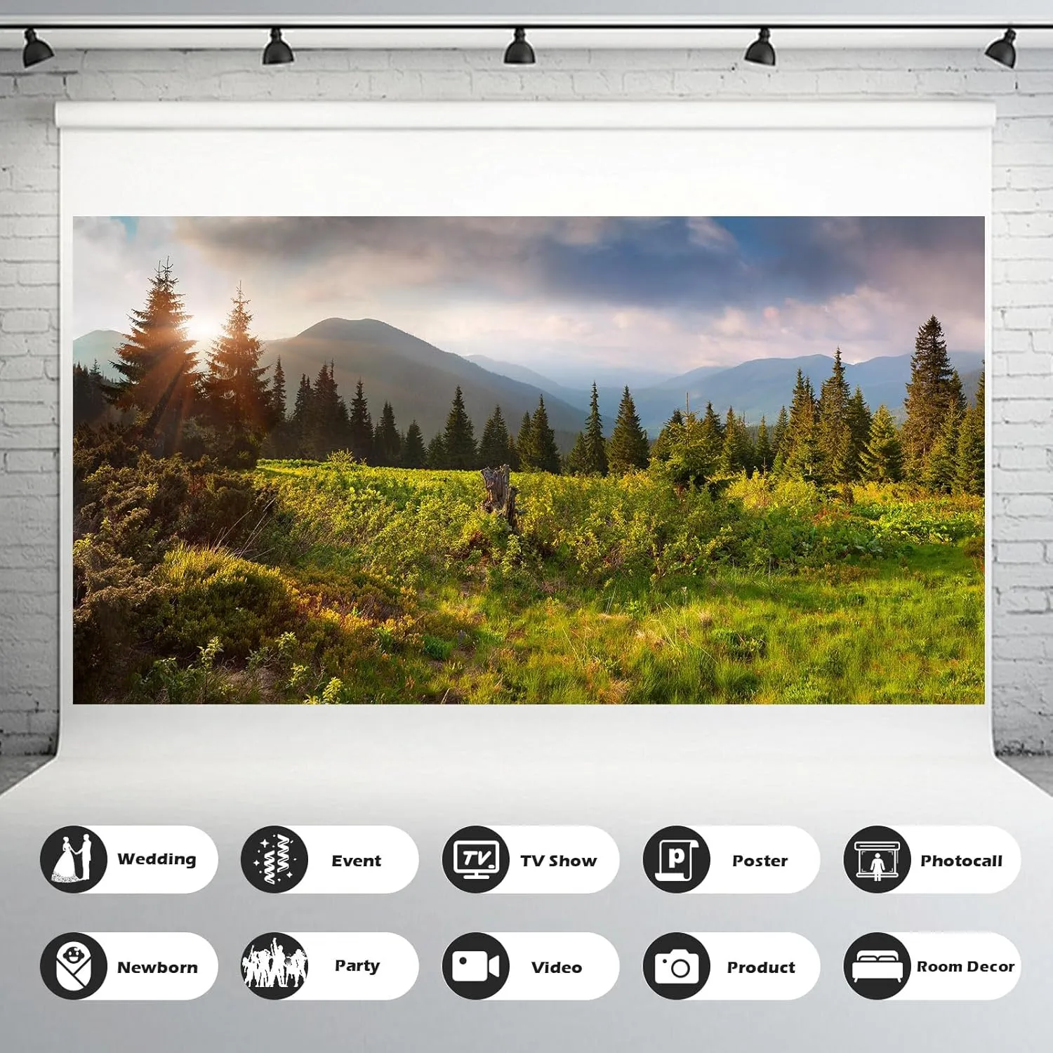 Spring Natural Scenery Background Mountains Trees Green Grass Jungle Photography Backdrop Sunshine Pine Tree Photography Background for Adults Portraits Photo Studio Decor 15x8ft