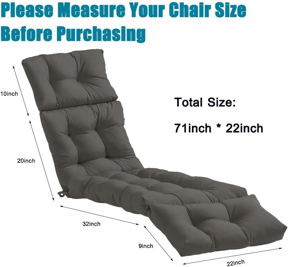 Srutirbo Waterproof Chaise Lounge Chair Cushions Long Bench Cushion for Outdoor Furniture, All Weather Replacement Indoor Outdoor Padded Recliner Chair Cushion with String Ties (Dark Gray)