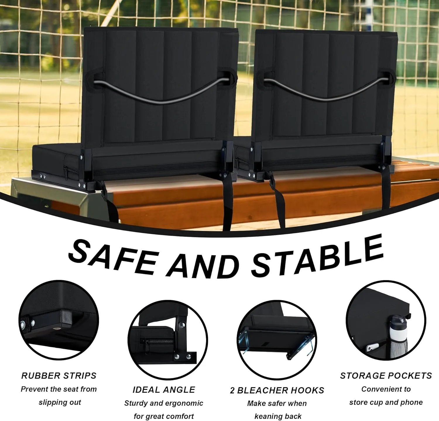 Stadium Seat for Bleachers with Back Support and Cushion, Bleacher Seats with Shoulder Strap and Cup Holder, Padded Portable Folding Comfort Stadium Chair, for Sports Events, Black (1pcs)