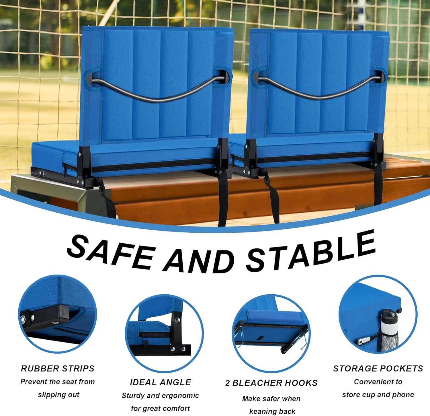 Stadium Seat for Bleachers with Back Support and Cushion, Bleacher Seats with Shoulder Strap and Cup Holder, Padded Portable Folding Comfort Stadium Chair, for Sports Events, Blue (1pcs)