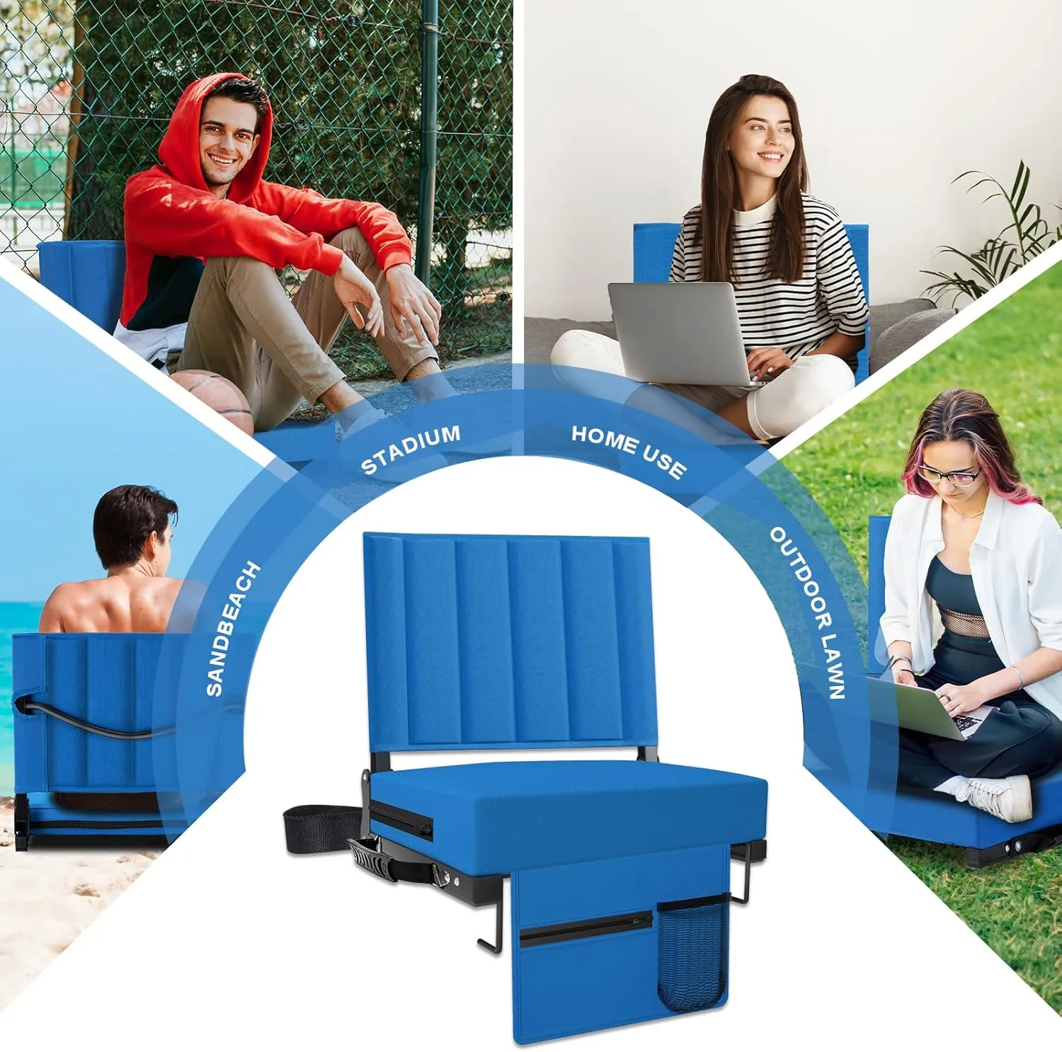 Stadium Seat for Bleachers with Back Support and Cushion, Bleacher Seats with Shoulder Strap and Cup Holder, Padded Portable Folding Comfort Stadium Chair, for Sports Events, Blue (1pcs)