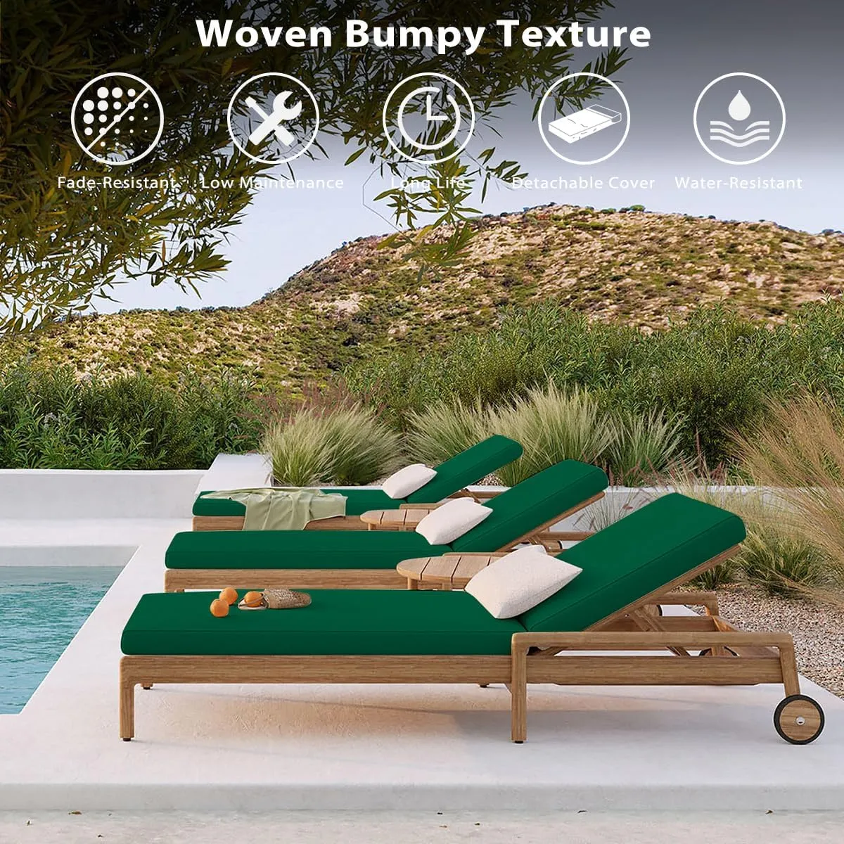 Sundale Outdoor Olefin Chaise Lounge Cushion Set of 2, Water-Resistant Patio Lounge Chair Cushion, Thick Lounger Pad with 8 Straps Dark Green, 80 x 26 x 4 Inches