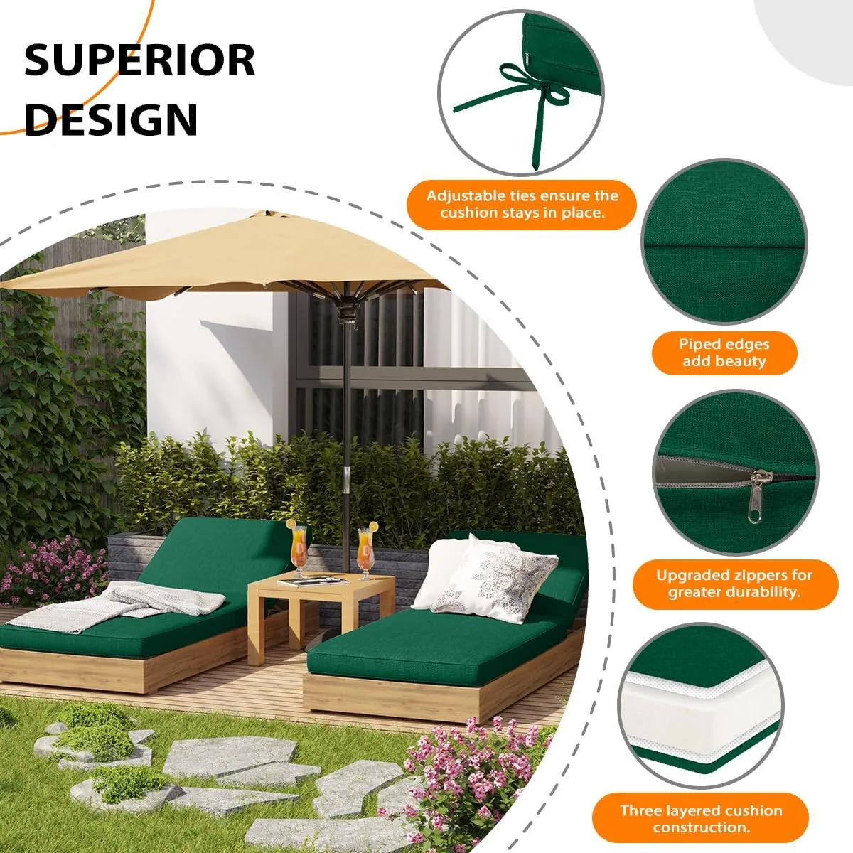 Sundale Outdoor Olefin Chaise Lounge Cushion Set of 2, Water-Resistant Patio Lounge Chair Cushion, Thick Lounger Pad with 8 Straps Dark Green, 80 x 26 x 4 Inches