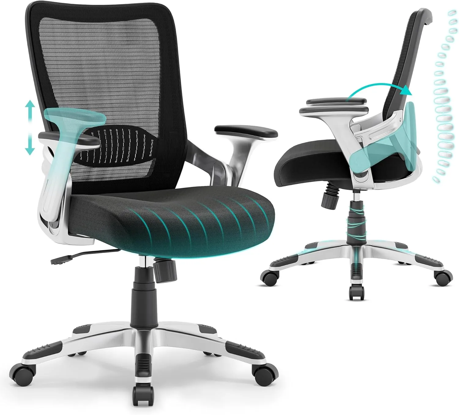 SUNNOW Office Chair, Ergonomic Computer Desk Chair, Sturdy Executive Task Chair - Adjustable Lumbar Support, Flip-up Arms, Tilt Function, Comfy Wide Seat, Swivel Mesh Home Office Desk Chairs (Black)