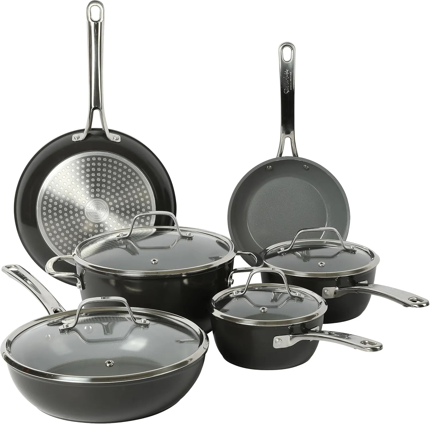 Sur La Table Kitchen Essentials 10 Piece PFA Free Titanium Ceramic Nonstick Interior Forged Aluminum Cookware Pots and Pans Set - Black - Induction Compatible