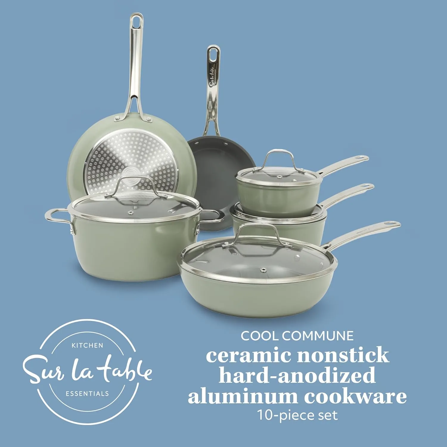 Sur La Table Kitchen Essentials Cool Commune Hard Anodized 10 Piece PFA Free Ceramic Non stick Interior Forged Durable Aluminum Pots and Pans Cookware Set - Green - Induction Compatible