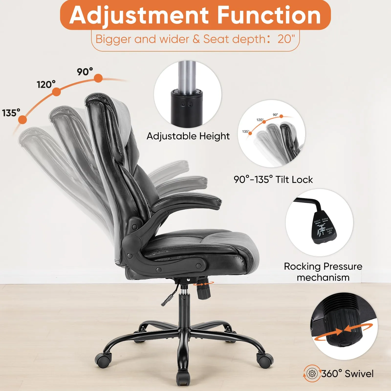 Sweetcrispy Computer Gaming Chair, Ergonomic Office Chair Heavy Duty Task Desk Chair with Flip-up Arms, PU Leather, Adjustable Swivel Rolling Chair with Wheels, Black