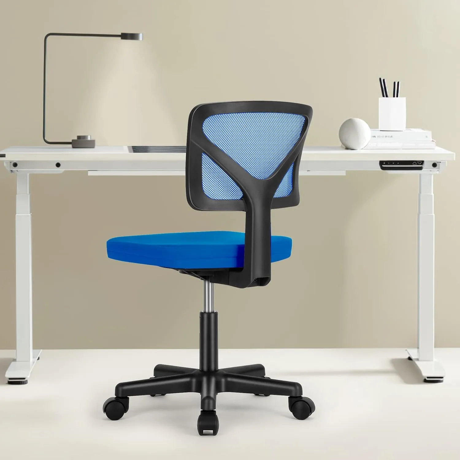 Sweetcrispy Office Computer Desk Chair, Ergonomic Low-Back Mesh Rolling Work Swivel Chairs with Wheels, Armless Comfortable Seat Lumbar Support for Home, Bedroom, Study, Student, Adults, Blue