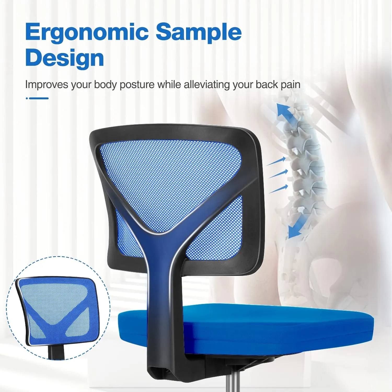 Sweetcrispy Office Computer Desk Chair, Ergonomic Low-Back Mesh Rolling Work Swivel Chairs with Wheels, Armless Comfortable Seat Lumbar Support for Home, Bedroom, Study, Student, Adults, Blue