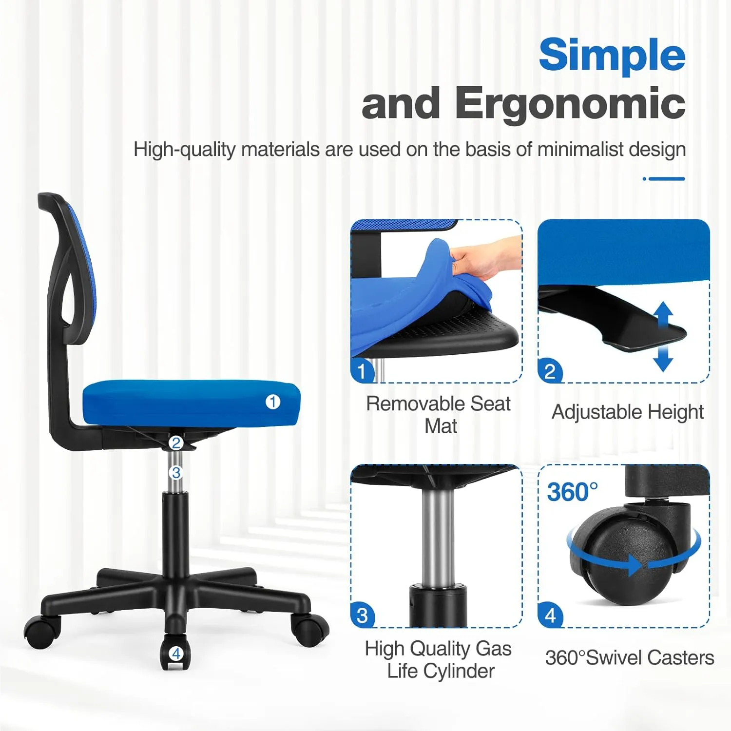 Sweetcrispy Office Computer Desk Chair, Ergonomic Low-Back Mesh Rolling Work Swivel Chairs with Wheels, Armless Comfortable Seat Lumbar Support for Home, Bedroom, Study, Student, Adults, Blue