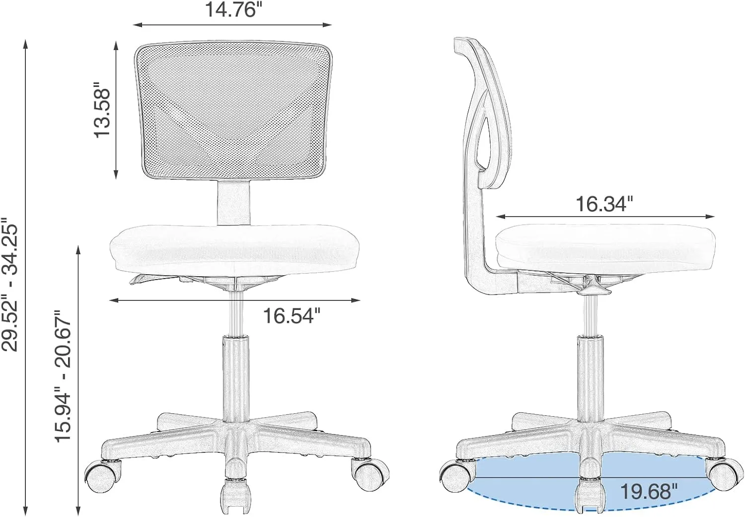 Sweetcrispy Office Computer Desk Chair, Ergonomic Low-Back Mesh Rolling Work Swivel Chairs with Wheels, Armless Comfortable Seat Lumbar Support for Home, Bedroom, Study, Student, Adults, Blue